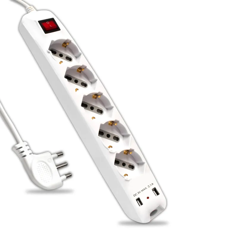 Multipresa con 5 Prese 10/16A 2P+T Bipasso/Schuko 45° e 2 Prese USB-A e Interruttore Generale Luminoso e Cavo 1,5m Spina 16A 2P+
