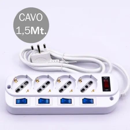 Multipresa con Cavo 1,5m e 4x Prese Bipasso/Schuko 10/16A, Spina 16A e Interruttori Indipendenti + Generale Colore Bianco