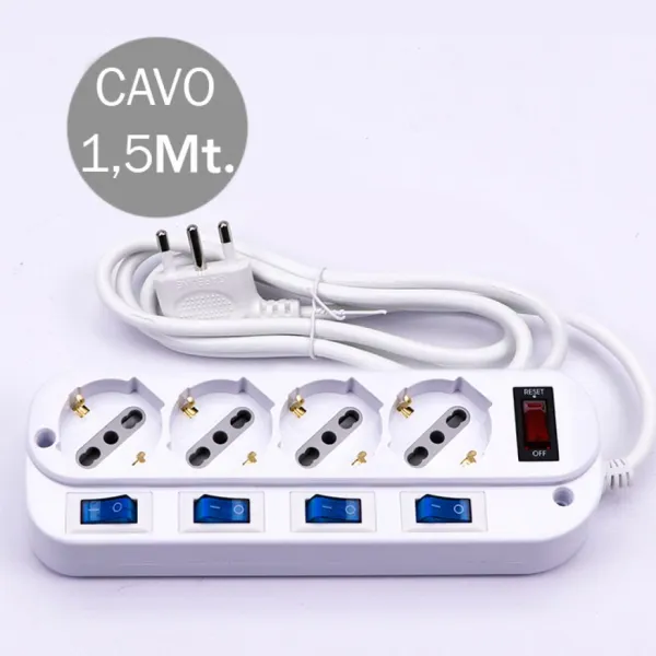 Multipresa con Cavo 1,5m e 4x Prese Bipasso/Schuko 10/16A, Spina 16A e Interruttori Indipendenti + Generale Colore Bianco