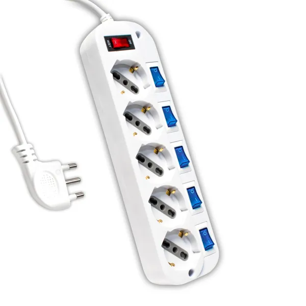 Multipresa con Cavo 1,5m e 5x Prese Bipasso/Schuko 10/16A, Spina 16A e Interruttori Indipendenti + Generale Colore Bianco