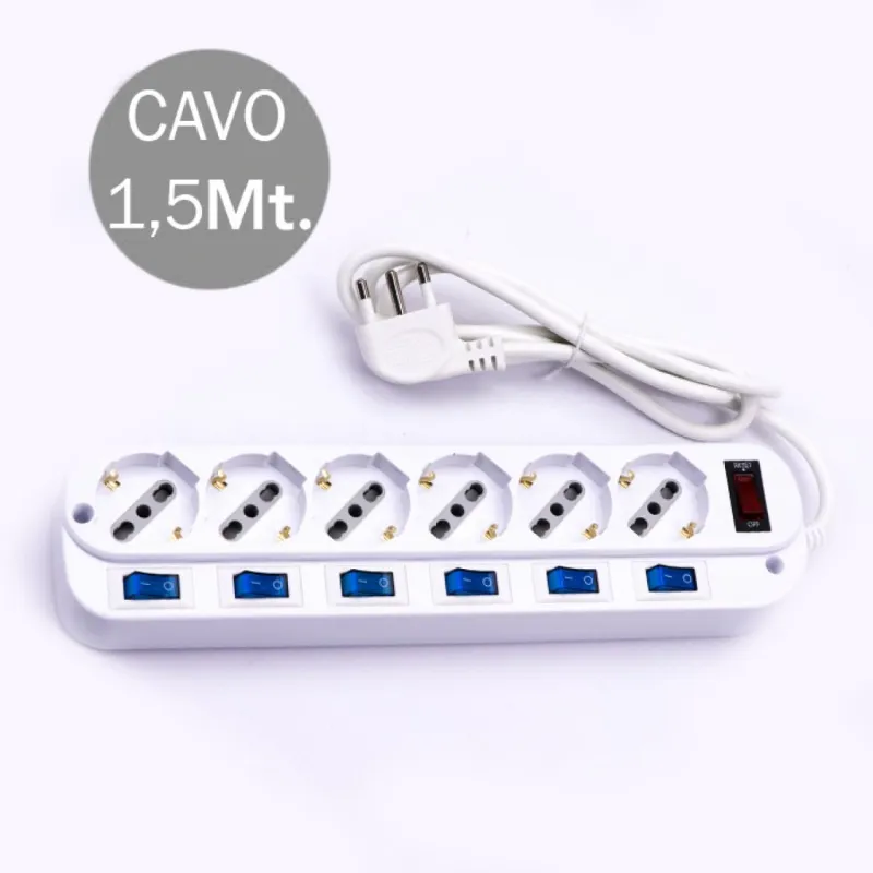 Multipresa con Cavo 1,5m e 6x Prese Bipasso/Schuko 10/16A, Spina 16A e Interruttori Indipendenti + Generale Colore Bianco