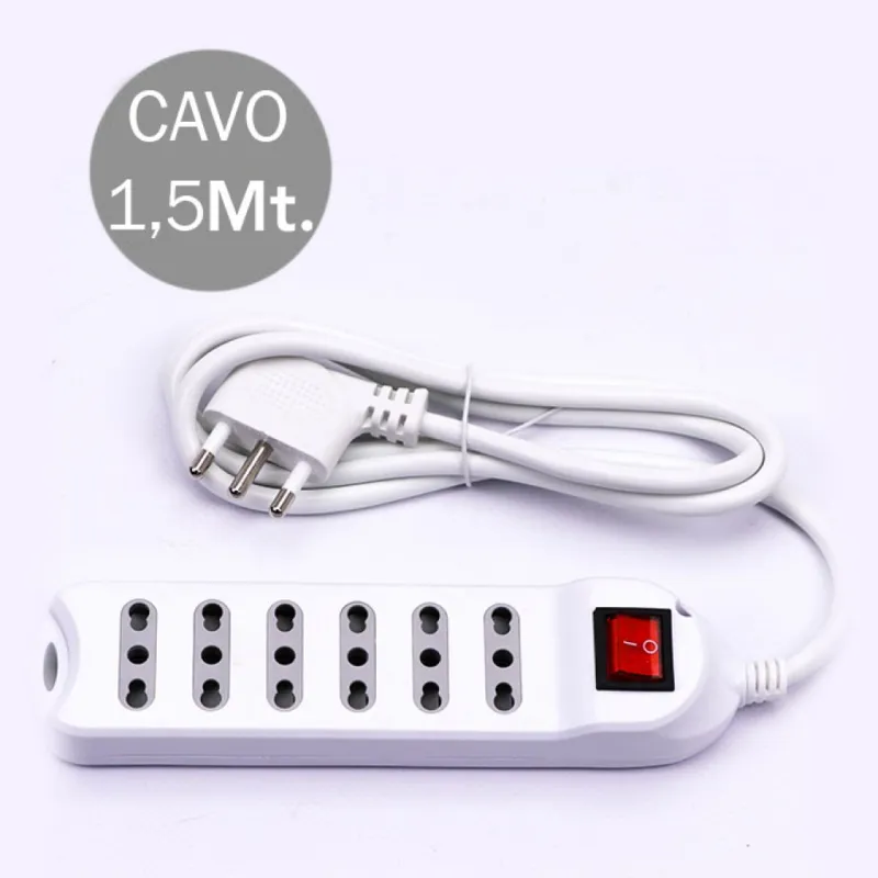 6 Pos Con Interruttore Luminoso 10/16A Bipasso Con Attaco a Parete 250V~Max: 3500W Cavo H05VV-F 3G1.0mmX1.5m Con Spina 16A 2P+T