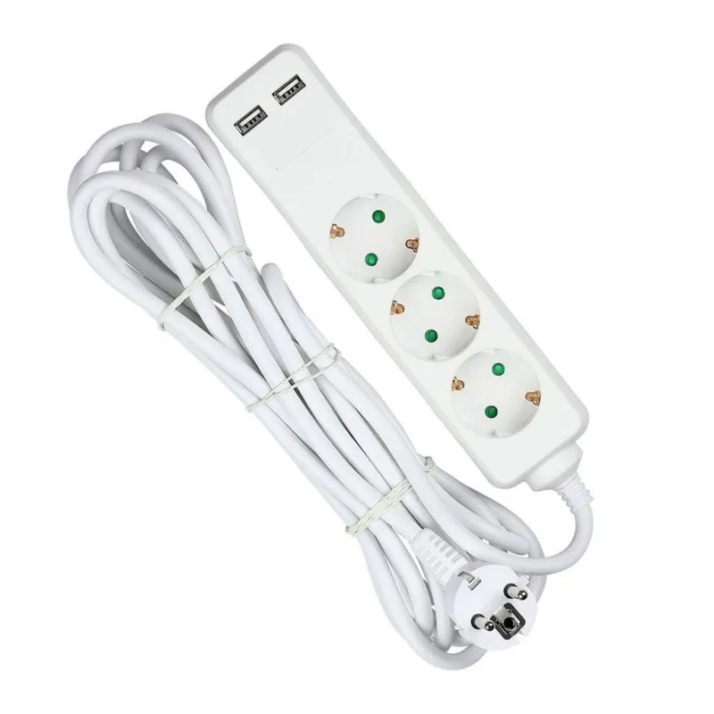 3 Ways Socket with 2 USB (3G 1.5mm2 X 5M) Polybag with Card White