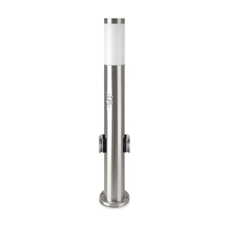 E27 Bollard Lamp 60cm PIR Sensor with 2 EU Plug Sockets Stainless Steel Satin Nickel IP44