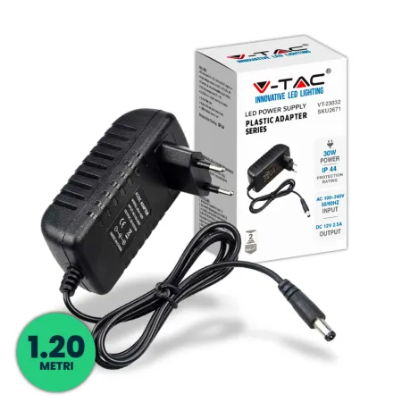 Plastic Power Supply 30W 12V 2.5A Plug and Play with 2.1 Jack Black Color 1.2m Cable IP44