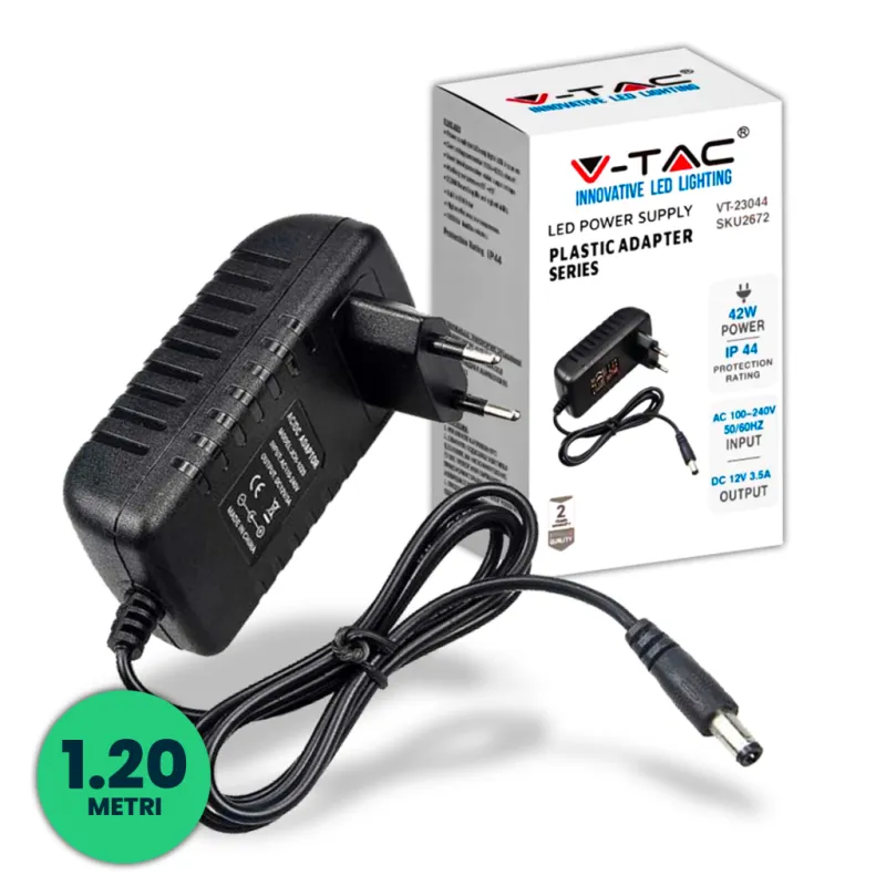Plastic Power Supply 42W 12V 3.5A Plug and Play with 2.1 Jack Black Color 1.2m Cable IP44