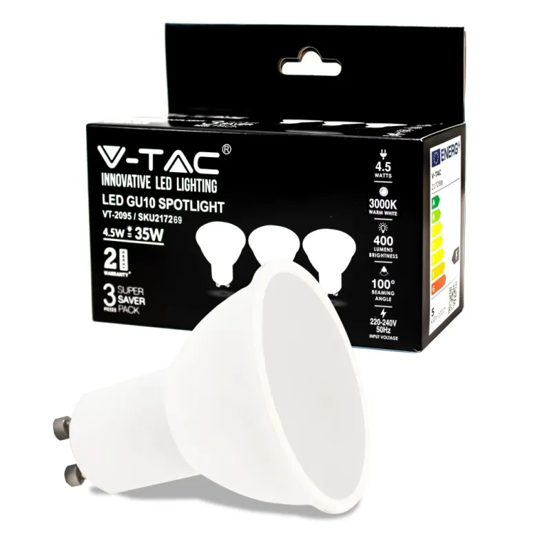 LED Spotlight 4.5W GU10 White Plastic Milky Cover 3000K 3Pcs/Pack
