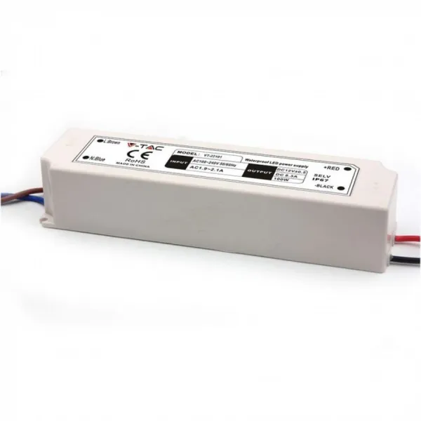 Plastic Power Supply 100W 12V 8.5A with 1 Output and Soldering Cables White Color 192x52x37mm IP65