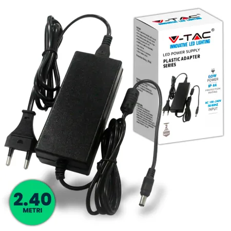 Plastic power supply 60W 12V 5A Plug and Play with 2.1 jack, black color, 2.4m cable, IP44