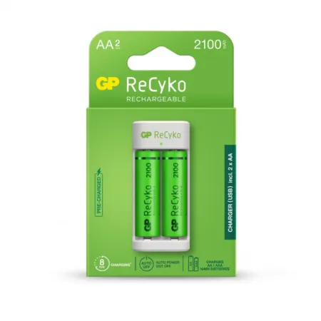 Caricabatterie USB Recyko E211 con 2 Batterie Ricaricabili 1,2V Stilo AA NiMH 2100mAh incluse