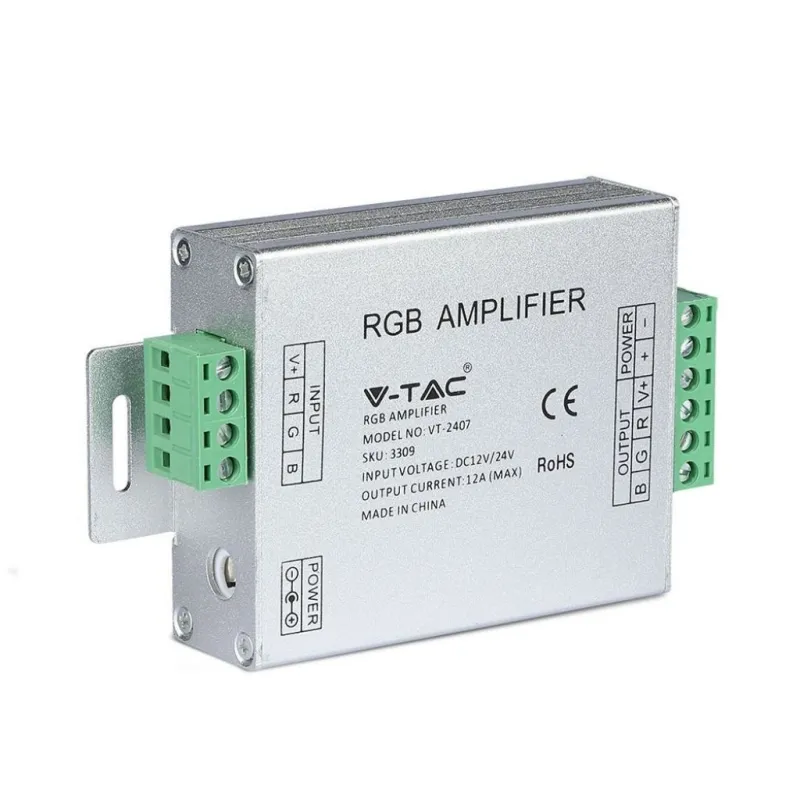 RGB LED Strip Signal Amplifier 3-Channel 12–24V 12A Screw Terminals / DC 2.1 Jack