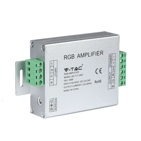 RGB LED Strip Signal Amplifier 3-Channel 12–24V 12A Screw Terminals / DC 2.1 Jack