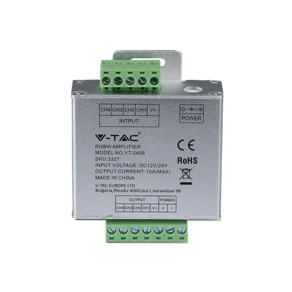 RGBW LED Strip Signal Amplifier 4-Channel 12–24V 16A Screw Terminals / DC 2.1 Jack