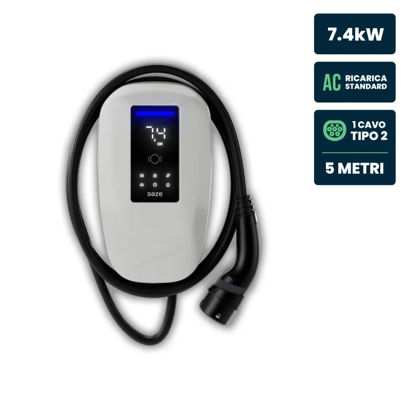 Stazione di Ricarica Dazebox Home T 7.4kW Monofase 32A, IP55 IK10, WiFi e Bluetooth, Wall Box Bianco con Schermo, 3 Tessere RFID