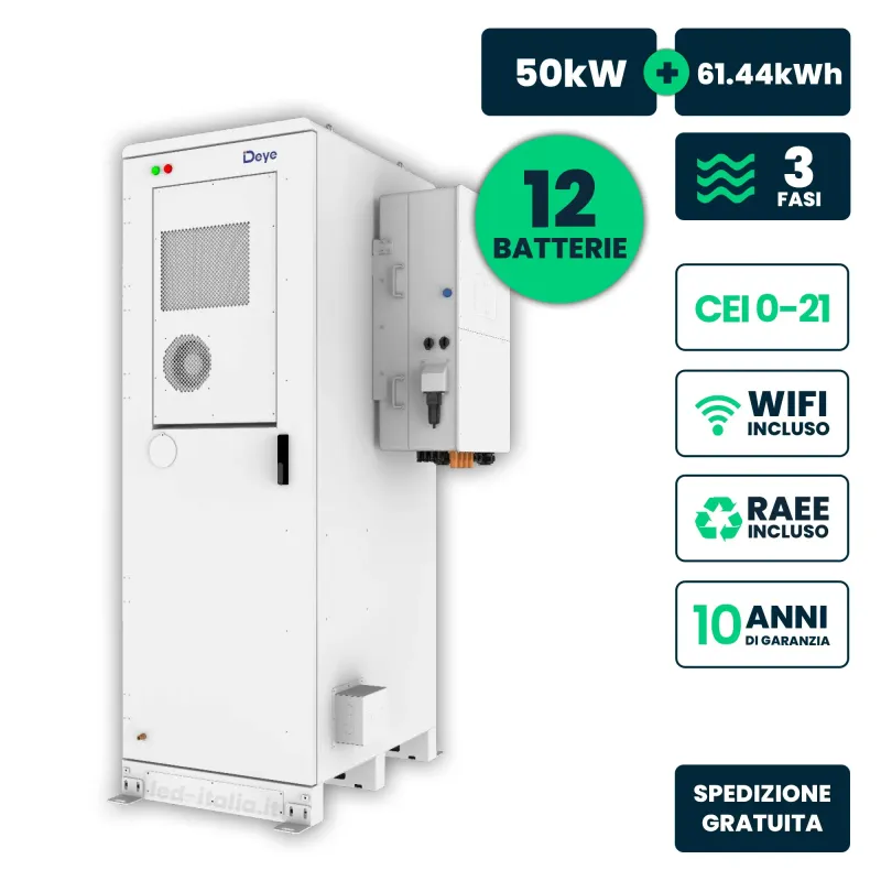Kit Fotovoltaico Alta Tensione Deye con Inverter Ibrido Trifase 50kW e Accumulo LiFePO4 61.44kWh CEI 0-21 CEI 0-16, WiFi e TA In