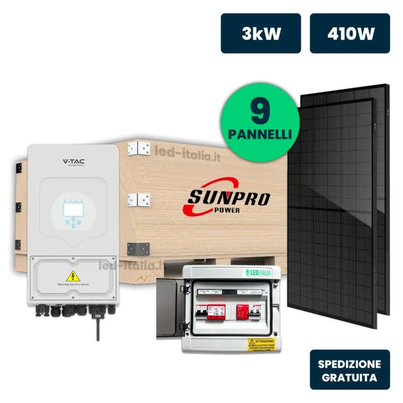 KIT Fotovoltaico Monofase 3kW con Inverter Ibrido, 9 Moduli 440W (3.87kW) Full Black, Quadro Combinato 1-1 AC-DC 3kW senza Accum