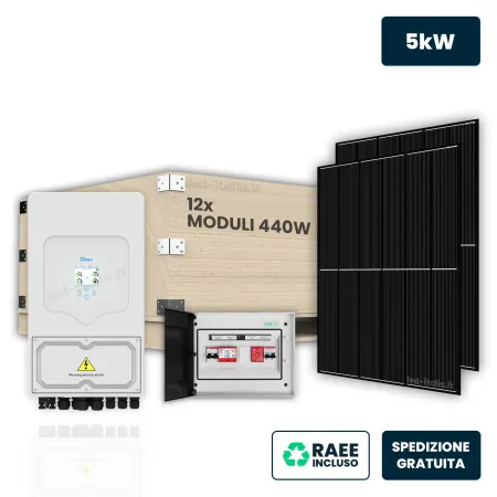 KIT Fotovoltaico Monofase 5kW con Inverter Ibrido, 12 Moduli 440W (5.16kW) Full Black, Quadro Combinato 1-1 AC-DC 5kW senza Accu