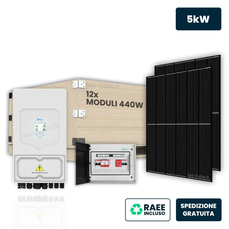 KIT Fotovoltaico Monofase 5kW con Inverter Ibrido, 12 Moduli 440W (5.16kW) Full Black, Quadro Combinato 1-1 AC-DC 5kW senza Accu