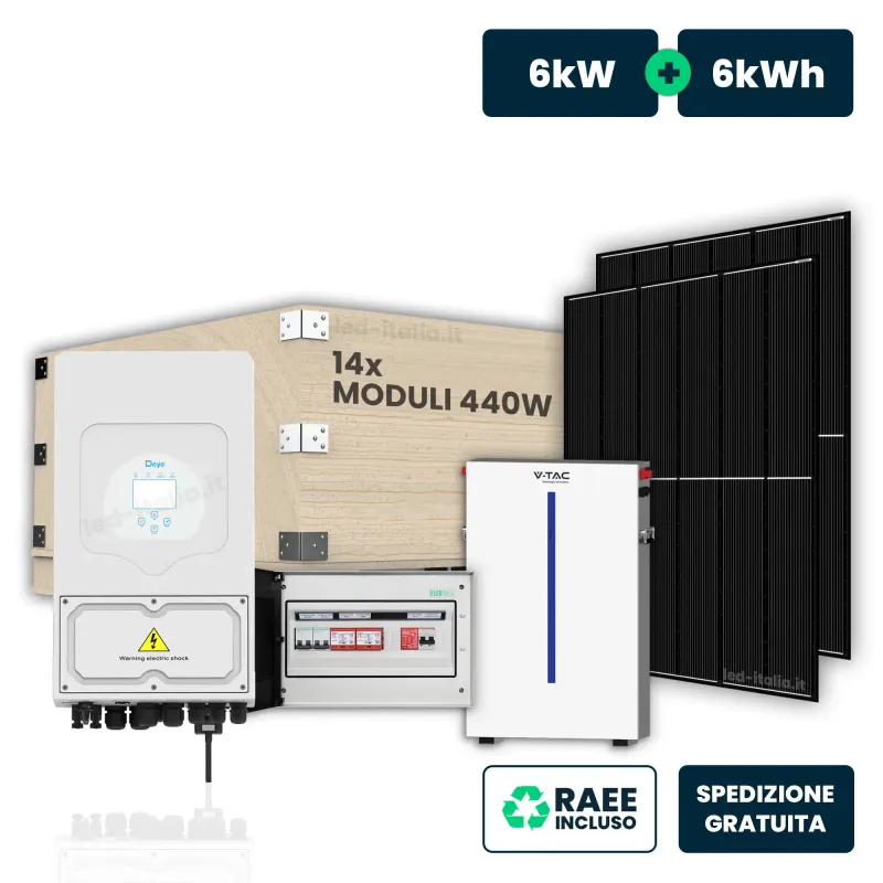 KIT Fotovoltaico Monofase 6kW con Inverter Ibrido, 14 Moduli 440W (6.16kW) Full Black con Accumulo LFP 6kWh e Quadro Combinato 2