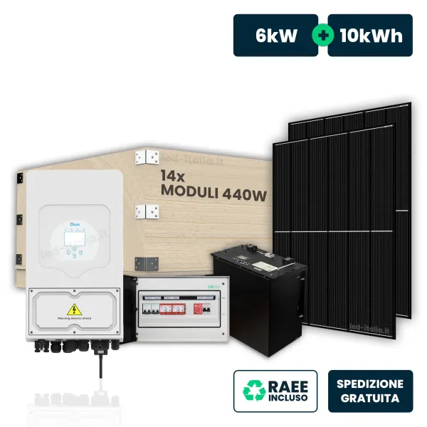 KIT Fotovoltaico Monofase 6kW con Inverter Ibrido, 14 Moduli 440W (6.16kW) Full Black con Accumulo LFP 10kWh e Quadro Combinato 