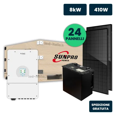 KIT Fotovoltaico Monofase 8kW con Inverter Ibrido, 24 Moduli 440W (10.32kW) Full Black con Accumulo LFP 10kWh