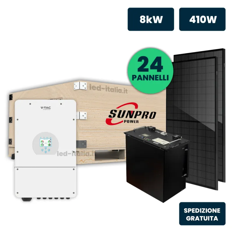 KIT Fotovoltaico Monofase 8kW con Inverter Ibrido, 24 Moduli 440W (10.32kW) Full Black con Accumulo LFP 10kWh