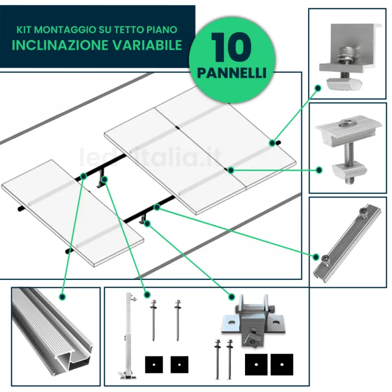 Kit Struttura per 10 Pannelli 30mm Tetto Piano Inclinazione Variabile