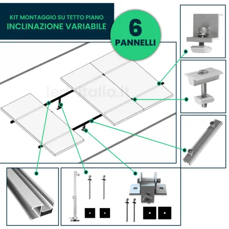 Kit Struttura per 6 Pannelli 30mm Tetto Piano Inclinazione Variabile