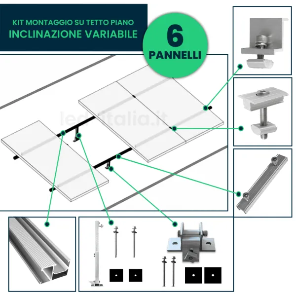 Kit Struttura per 6 Pannelli 30mm Tetto Piano Inclinazione Variabile