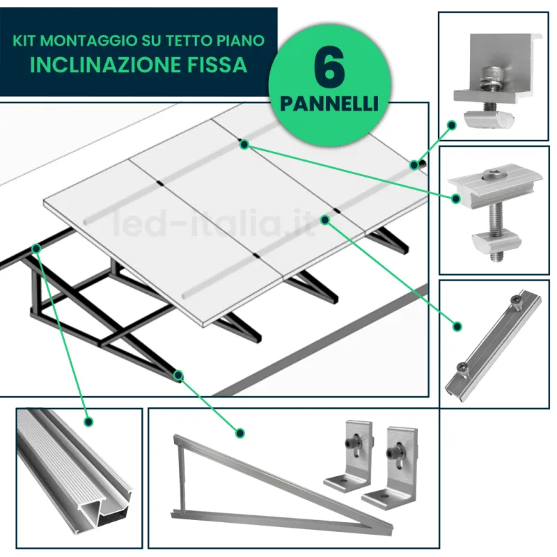 Kit Struttura per 6 Pannelli 30mm Tetto Piano Inclinazione Fissa