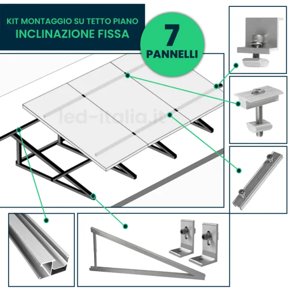 Kit Struttura per 7 Pannelli 30mm Tetto Piano Inclinazione Fissa