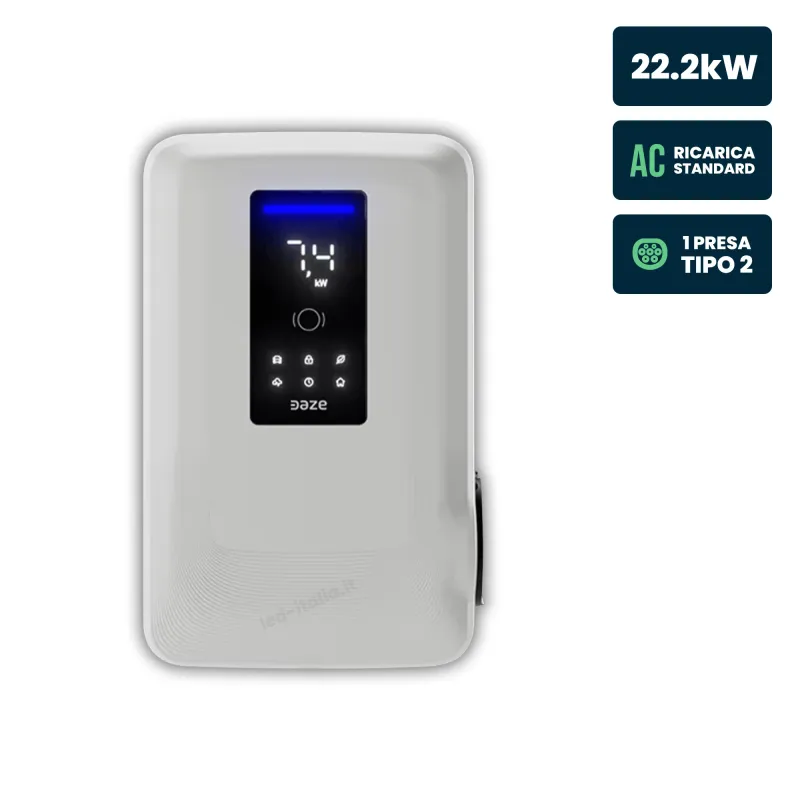 Stazione di Ricarica Dazebox Home S 22.2kW Trifase 32A, IP55 IK10, WiFi e Bluetooth, Wall Box Bianco con Schermo e Connettore Ti