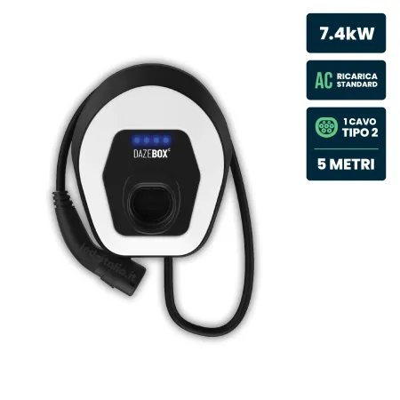 Stazione di Ricarica Dazebox C 7.4kW Monofase 32A, IP55 IK08, WiFi e Bluetooth, Wall Box Bianco con Cavo Tipo 2 Lunghezza 5m