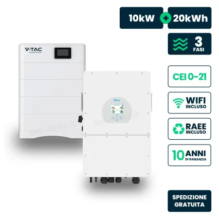 Kit Fotovoltaico Alta Tensione con Inverter Ibrido Trifase Deye 10kW e Accumulo LiFePO4 20.48kWh, BMS TA WiFi Inclusi, CEI-021 G