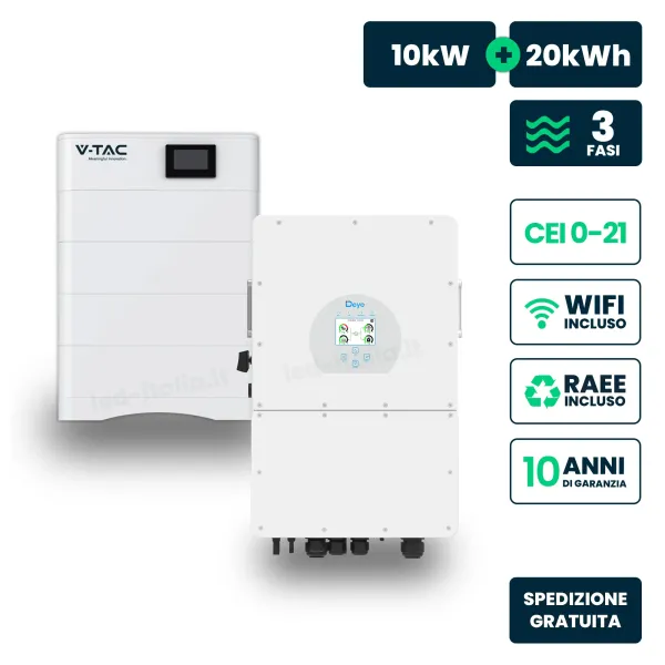 Kit Fotovoltaico Alta Tensione con Inverter Ibrido Trifase Deye 10kW e Accumulo LiFePO4 20.48kWh, BMS TA WiFi Inclusi, CEI-021 G