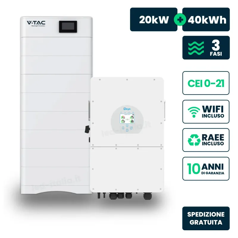 Kit Fotovoltaico Alta Tensione con Inverter Ibrido Trifase Deye 20kW e Accumulo LiFePO4 40.96kWh, BMS TA WiFi Inclusi, CEI-021 G