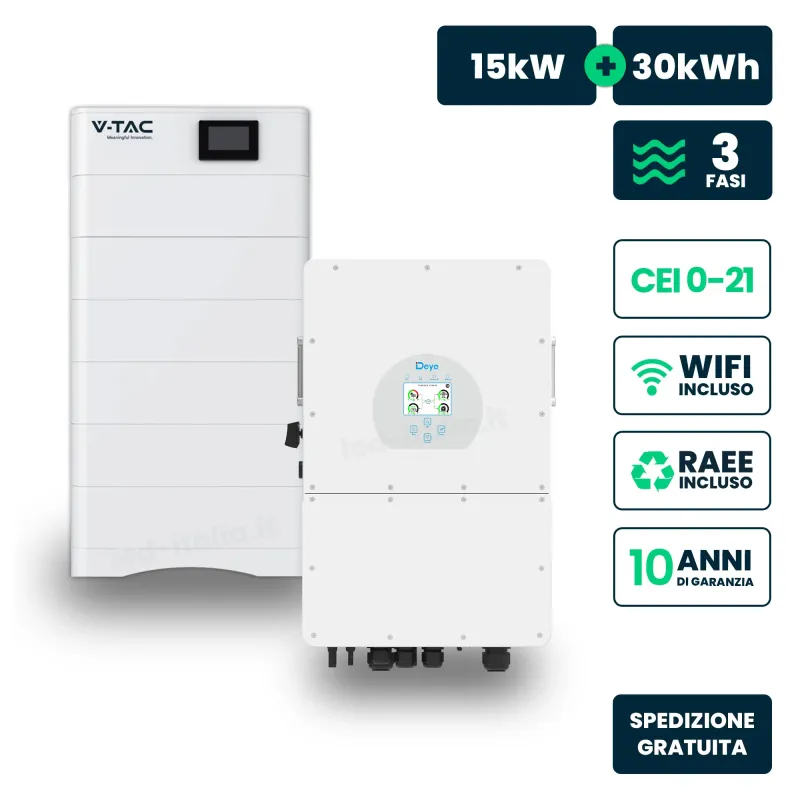 Kit Fotovoltaico Alta Tensione con Inverter Ibrido Trifase Deye 15kW e Accumulo LiFePO4 30.72kWh, BMS TA WiFi Inclusi, CEI-021 G