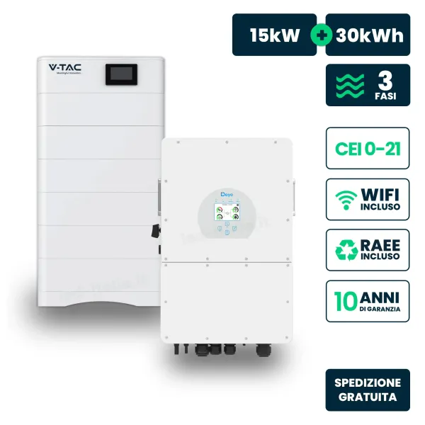 Kit Fotovoltaico Alta Tensione con Inverter Ibrido Trifase Deye 15kW e Accumulo LiFePO4 30.72kWh, BMS TA WiFi Inclusi, CEI-021 G