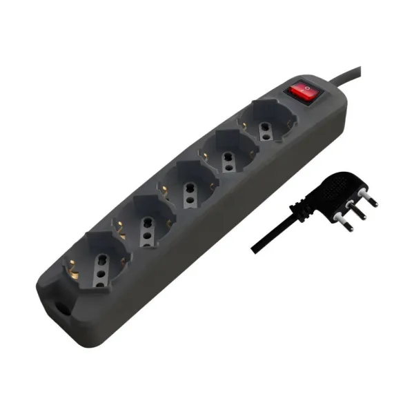 Multipresa con 5 Prese 10/16A 2P+T Bipasso/Schuko 45° e Interruttore Generale Luminoso e Cavo 1,5m Spina 16A 2P+T Colore Nero