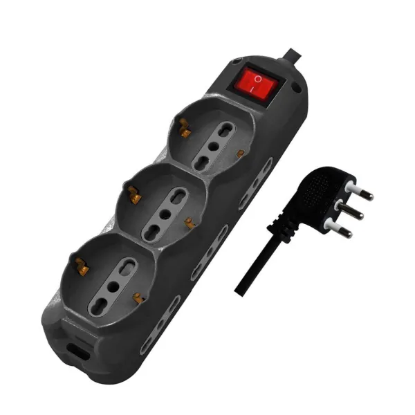 Multipresa con Cavo 1,5m e 9x Prese 10/16A (6x Laterali Bipasso + 3x Frontale Bipasso/Schuko), Spina 16A e Interruttore Colore N