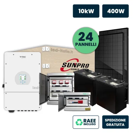 KIT Fotovoltaico Trifase 10kW con Inverter Ibrido, 24 Moduli 440W (10.32kW) Full Black con Accumulo LFP 20kWh, Quadri DC 3-3 e A