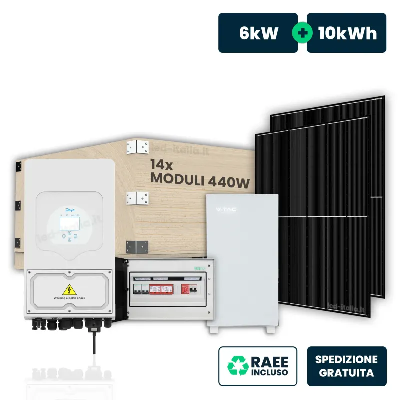 KIT Fotovoltaico Monofase 6kW con Inverter Ibrido, 14 Moduli 440W (6.16kW) Full Black con Accumulo LFP 10kWh e Quadro Combinato 