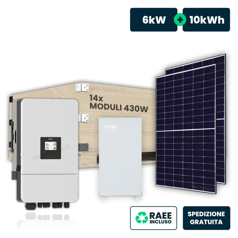 KIT Fotovoltaico Trifase 6kW con Inverter Ibrido Deye 14 Moduli 440W TOPCon Full Black con Accumulo LFP 10kWh