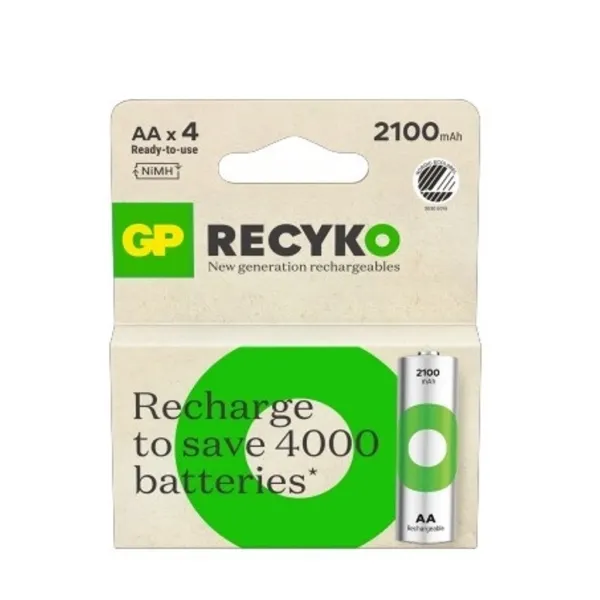 Recyko Batteria Ricaricabile 1.2V Stilo AA 2100mAh (Confezione 4 Pezzi)
