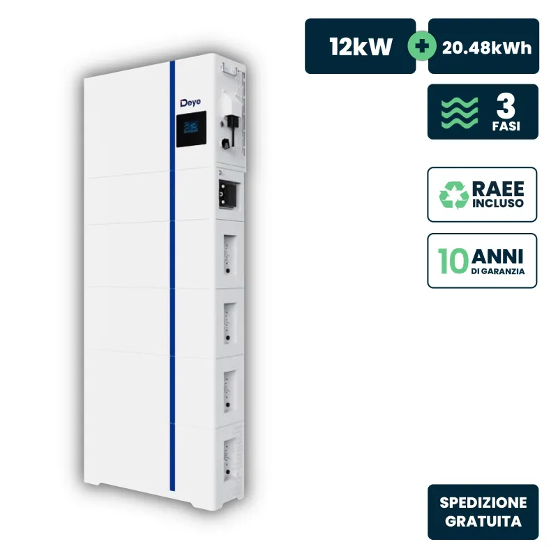 Kit Fotovoltaico All-In-One Deye con Inverter Trifase Ibrido 12kW Bassa Tensione e Accumulo 20.48kWh On/Off Grid CEI 0-21 Garanz