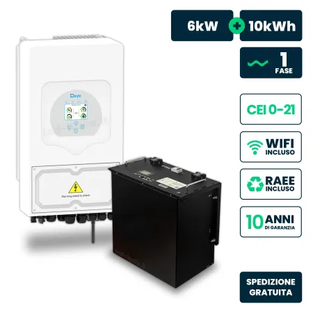 Kit Fotovoltaico Monofase 6kW con Inverter Ibrido Deye bianco e Batteria LiFePO4 10kWh, Doppio MPPT, CEI 0-21, WiFi, Garanzia 10