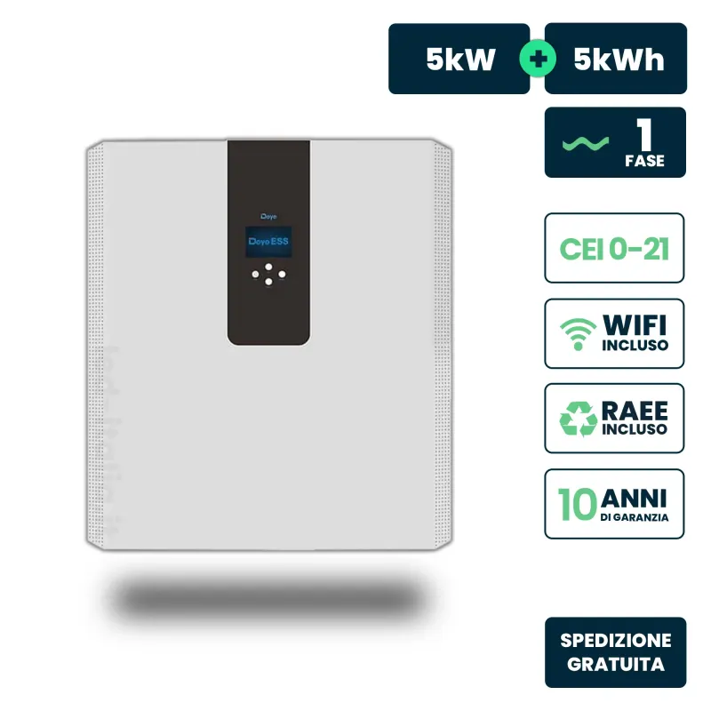 Sistema Fotovoltaico All-In-One Deye Monofase 5kW + 5kWh Inverter Ibrido con Accumulo LFP a Bassa Tensione Wi-Fi CEI 0-21 IP65 G