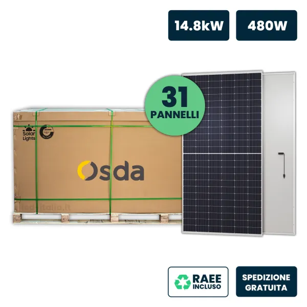 Bancale 17kW con 37 Pannelli Solari Fotovoltaici Moduli 480W OSDA Solar TIER-1 Monocristallini N-Type TOPCon Silver Frame IP67/I
