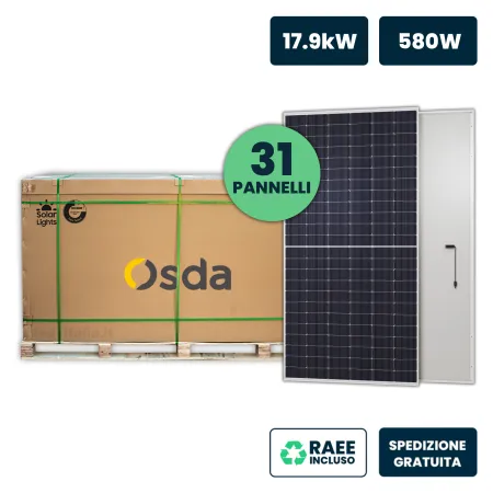 Bancale 18kW con 31 Pannelli Solari Fotovoltaici Moduli 580W OSDA Solar TIER-1 Monocristallini N-Type TOPCon Silver Frame IP67/I