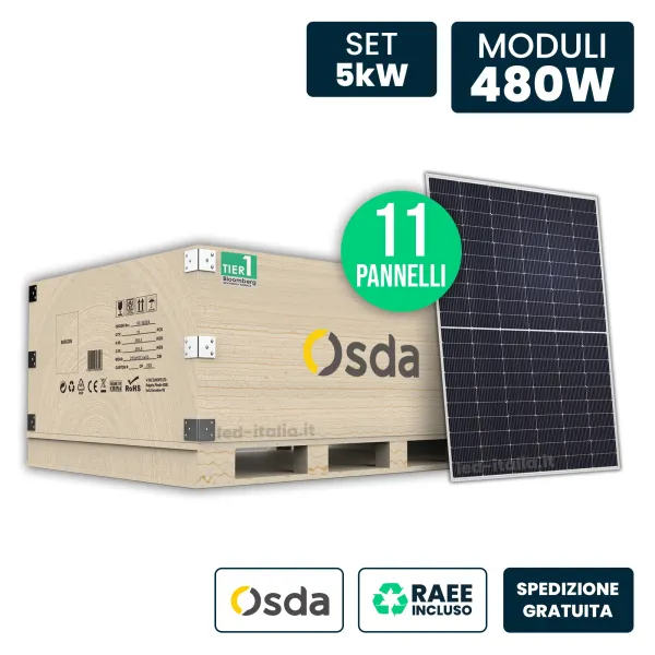 Set 5kW con 11 Pannelli Solari Fotovoltaici Moduli 480W OSDA Solar TIER-1 Monocristallino N-Type TOPCon Silver Frame IP67/IP68 1